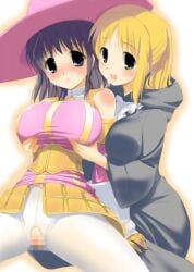 2girls blonde_hair blue_eyes blush breast_grab breasts censored grabbing green_eyes hat huge_breasts mosaic_censoring multiple_girls ponytail torn_clothes