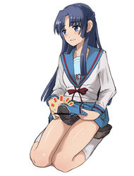 asakura_ryouko bangs blue_eyes blue_hair censored footwear kneehighs kururanabaru legs long_hair long_legs parted_bangs pleated_skirt pointless_censoring presenting_strap-on school_uniform seiza serafuku sitting skirt skirt_lift socks strap-on strap-on_under_skirt suzumiya_haruhi_no_yuuutsu