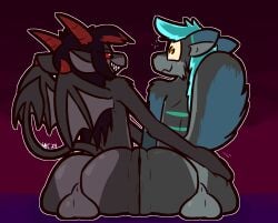 2024 2_horns anthro anthro_on_anthro ass azazel_(blissman2020) backsack balls big_butt black_hair blue_body blue_fur blue_hair blush brown_pupils butt_grab butt_rub butt_squish butts_together butts_touching canid canine canis demon domestic_dog duo fur genitals green_body green_fur green_stripes grey_balls grey_body grey_fur grey_inner_ear grey_perineum grin hair hand_on_butt horn interspecies jacob_blackberry male male/male mammal motion_lines nude perineum pupils raised_tail rear_view red_hair red_horn sharp_teeth smile spade_tail squish stripes surprised tail teeth ultilix yellow_eyes yellow_sclera