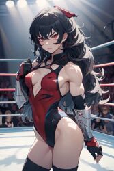 1girls ai_generated black_hair codestormcynet milf raven_branwen red_eyes rwby wrestling_outfit