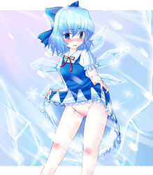 blue_eyes blue_hair blush body_blush bow cirno dress_lift embarrassed hairbow ice pussy sesield short_blue_hair short_hair solo the_embodiment_of_scarlet_devil touhou uncensored wavy_mouth wings