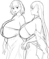 2girls black_and_white breasts_bigger_than_head choker dress enormous_breasts errorkazoo female female_only gigantic_breasts huge_breasts human human_female human_only looking_at_another massive_breasts monochrome oc original original_character rina_atherina_(errorkazoo) tagme top_heavy top_heavy_breasts white_background