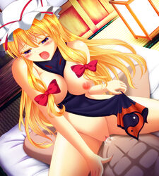 aosaki_kanade blonde_hair blush breasts censored cowgirl_position hat highres long_hair pointless_censoring purple_eyes sex straddle touhou yukari_yakumo