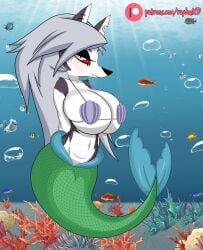 1girls 2022 anthro ariel ariel_(cosplay) big_breasts black_body black_fur bra breasts canid canid_demon canine clothing cosplay crossover crossover_cosplay demon disney female fur grey_hair hair hellhound helluva_boss hi_res huge_breasts looking_at_viewer loona_(helluva_boss) mammal marine merfolk mermaid mermaid_tail mythological_canine mythological_creature mythology navel notched_ear ocean raydonxd red_sclera sea seashell_bra solo split_form text the_little_mermaid underwater underwear url vivienne_medrano water white_body white_eyes white_fur