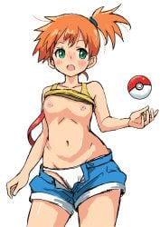 :o blue_shorts breasts collarbone cowboy_shot creatures_(company) denim denim_shorts female game_freak green_eyes kasumi_(pokemon) navel nintendo nipples no_bra open_clothes open_mouth open_shorts orange_hair panties poke_ball poke_ball_(basic) pokemon pokemon_(anime) pokemon_(classic_anime) shorts shougakusei simple_background small_breasts solo stomach tareme underwear white_background white_panties