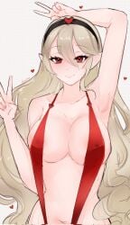 alternate_costume breasts corrin_(fire_emblem) corrin_(fire_emblem)_(female) female female_only fire_emblem fire_emblem_fates looking_at_viewer nintendo one-piece_swimsuit pointy_ears red_swimsuit serafineart1001 slingshot_swimsuit solo swimsuit valentine's_day