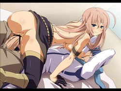 anus ass assertive blindfold blue_eyes breasts censored cowgirl_position kaito_(vocaloid) long_hair megurine_luka naughty_face penis pink_hair sex shin'ya_(nanp) sideboob single_glove skirt skirt_lift smile straddle thighhighs topless vocaloid zettai_ryouiki