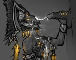 aztec black_and_white breasts cum cum_on_breasts cum_on_face feathers female glowing masturbation nipple_piercing rule_63 self_upload steam steamy_breath styanax_(warframe) warframe