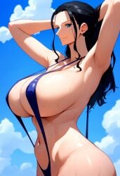 ai_due ai_generated arms_up beach big_breasts black_hair blue_eyes female female_only gigantic_breasts huge_breasts long_hair nico_robin one-piece_swimsuit one_piece shounen_jump sling_bikini slingshot_swimsuit solo voluptuous voluptuous_female