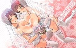 bisexual blush bottomless bouquet breast_press breasts bridal_veil bride brown_hair color corset cum cum_on_body cum_on_breasts cum_on_upper_body drawing dress female female_only flower flowers garter_straps garters hand_holding highres holding_hands honoji huge_breasts interlocked_fingers jewelry lace lace-trimmed_thighhighs large_breasts looking_at_viewer multiple_girls necklace nipples nipples_touching no_bra no_panties no_visible_genitalia original original_characters short_hair siblings sisters straight_hair symmetrical_docking tagme thighhighs twins veil wallpaper wedding_dress white_legwear white_thighhighs yellow_eyes yuri