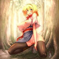 alice_margatroid blonde_hair blue_eyes blush breasts female female_only forest human kneeling large_breasts mushroom nature nipples no_panties open_clothes open_shirt pubic_hair pussy sexually_suggestive shirt solo thighhighs touhou tree tro uncensored