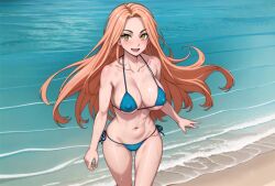 ai_generated beach bikini cameltoe cloud day long_hair micro_bikini nipple_bulge nipples ocean on_water open_mouth orange_hair smile tokyo_revengers umbrella water wet yuzuha_shiba