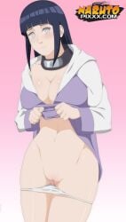 ambiguous_background blue_hair blush byakugan cleavage cropped edited embarrassed exposing_pussy female female_focus fit_female hyuuga_hinata jacket_lift lifting_clothing long_hair looking_at_viewer multicolored_jacket naruto naruto_shippuden panties panties_down pink_background pussy seductive_body solo solo_female undressing undressing_self white_panties