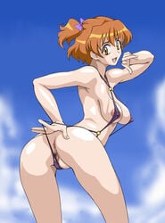 armpits ass between_labia bikini bikini_lift bow breasts brown_eyes brown_hair censored erect_nipples fresh_precure! fresh_pretty_cure! highres innie_pussy looking_back medium_breasts muimui precure pretty_cure pussy short_hair sling_bikini string_bikini swimsuit yamabuki_inori