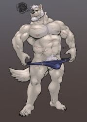 abdominal_scar abs absurd_res anthro arm_scar balls beard biceps blue_clothing blue_speedo blue_swimwear body_scars bulge canid canine captaingerbear chest_scar clothed clothing deltoids derrick_(fletchershepherd) detailed_bulge facial_hair feet forearm_muscles genital_outline genitals grey_background grumpy hair hi_res leg_scar male mammal manly mature_male muscular muscular_legs navel nipples obliques partially_clothed pecs penis penis_outline pubes scar shoulder_scar simple_background solo speedo standing stretched_clothing swimwear triceps white_hair