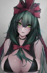 absurdres bad_id bad_pixiv_id bare_shoulders bikini black_bikini black_choker blurry bow breasts choker cleavage depth_of_field female front_ponytail green_eyes green_hair hair_between_eyes hair_ribbon hairbow head_tilt highres huge_filesize kagiyama_hina large_breasts light_smile long_hair looking_at_viewer migata mole mole_under_eye parted_lips red_bow red_ribbon ribbon solo spikes string_bikini swimsuit touhou upper_body