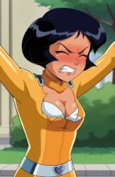 ai_generated ass bigmic145 black_hair bodysuit bra breasts clover_(totally_spies) exposed_breasts female medium_breasts ripped_clothing solo_female totally_spies wardrobe_malfunction