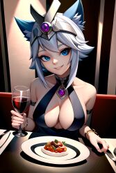 1girls ai_generated armlet bangs bare_shoulders blue_eyes bracelet collarbone dress female female_only gem headwear io_(paladins) looking_at_viewer paladins short_hair smile solo stable_diffusion white_hair