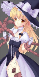 alternate_costume blonde_hair blush braid female gloves hat human imminent_rape long_hair marisa_kirisame pussy seta_(artist) seta_(monyun) solo tentacles torn_clothes touhou witch_hat yellow_eyes