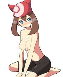 bandana barefoot bike_shorts blue_eyes blush breasts brown_hair clothing cum cum_on_body cum_on_breasts cum_on_upper_body female female_only hat head_tilt human human_only kneeling latex may_(pokemon) medium_breasts momogesomaru nintendo nipples pokemon pokemon_rse red_bandana shorts simple_background sitting smile solo straight_hair topless wariza white_background