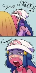 2girls beanie big_kiss big_lips blonde_hair blue_background blue_hair blush blush_lines comedy comic dawn_(pokemon) female/female forced_kiss forced_shipping grabbing_face grossed_out humor jynx kiss_mark kissing lips lipstick lipstick_mark long_hair long_hair_female mwah pink_lips pink_lipstick pink_scarf pokémon_(species) pokemon pokemon_(species) saliva scarf shiny_lips shippart shocked_expression smooch smooth_lips sweet_kiss_(pokémon_move) traumatized yuri