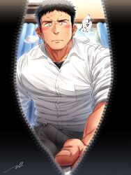 bara black_hair blush bulge erection erection_under_clothes highres male_focus multiple_boys original pov precum precum_through_clothes shirt short_hair sweat tepen_(tptptpn) very_short_hair white_shirt zipper