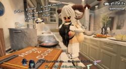 1girls 2boys apron apron_between_breasts apron_only asu_(needyasuu) bacon big_ass big_breasts book carrot clawed_feet cooking corn female fluffy_ears horns indoors needyasuu paws roblox roblox_avatar robloxian short shortstack solo_focus steam white_fur white_hair