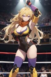 1girls ai_generated blonde_hair codestormcynet lavender_eyes prosthetic_arm rwby wrestling_outfit yang_xiao_long