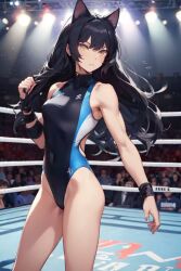 1girls ai_generated black_hair blake_belladonna cat_ears catgirl codestormcynet gold_eyes rwby wrestling_outfit