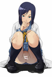 black_socks blue_hair censored footwear green_eyes knee_socks kneehighs kneesocks kooriyama_aki labcoat loafers naughty_face no_panties pussy school_uniform skirt smile socks squatting tokimeki_memorial tokimeki_memorial_4 tosarayama