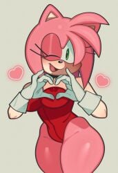 amy_rose female fiinel furry gloves green_eyes leotard pink_fur sega smile sonic_(series) thick_thighs wink