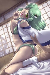 ankle_socks anklehighs blush bra breasts caught cum cum_inside detached_sleeves female footwear frog green_bra green_eyes green_hair green_panties hair_ornament highres kanako_yasaka lingerie long_hair looking_back male panties penis pussy pyonta reverse_cowgirl_position sanae_kochiya sex snake socks straddle straight suwako_moriya touhou uncensored underwear voyeurism white_socks wince yoshi_tama