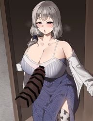 1girls bar_censor big_breasts big_penis blush blushing breasts busty censor_bar censored censored_penis cleavage curvaceous curvy curvy_body curvy_female curvy_figure disembodied_penis female heart-shaped_pupils huge_breasts huge_cock large_breasts looking_at_penis milf mother penis uzaki-chan_wa_asobitai! uzaki_tsuki voluptuous weaselpot