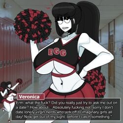 1girls big_breasts black_hair braces breasts busty cheerleader cheerleader_uniform clothing female female_only goth goth_girl hallway huge_breasts indoors large_breasts looking_at_viewer navel_piercing original piercing pom_poms saltynoodles school solo text_box thick_thighs underboob veronica_(saltynoodles) white_skin wide_hips