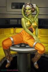 1girls big_breasts boots breasts brown_boots female_focus female_only green_eyes hera_syndulla hi_res looking_at_viewer nipples rzhevskii simple_background solo spread_legs star_wars star_wars_rebels twi'lek