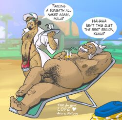 animasanimus armpits balls banana_hammock bara beach_chair body_hair closed_eyes facial_hair flaccid hala_(pokemon) hands_behind_head kukui_(pokemon) male male_only moustache muscles muscular nintendo nude penis pokemon speech_bubble