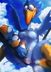 2d absurd_res anthro argosornstein beak bird blue_feathers blue_fur blue_skin clouds excited feathers for_the_birds furry heart-shaped_pupils horny horny_female larger_female parody pixar pussy pussy_juice shorts size_difference sky spread_legs string wedgie wings