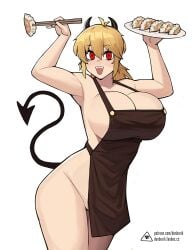 1girls apron apron_only bare_legs bare_thighs big_breasts blonde_hair chopsticks cleavage curvaceous curvy_female devil_horns donburikazoku dorohedoro female gyoza holding_object horns hourglass_figure huge_breasts lifted_arms looking_at_viewer naked_apron nikaido red_eyes smiling tail white_background