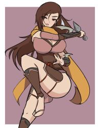 1girls attack bare_legs breasts brown_eyes brown_hair cleavage female female_only fire_emblem fire_emblem_fates in2naps kagero_(fire_emblem) knife large_breasts leg_up legs long_hair ninja nintendo open_mouth ponytail pose scarf solo very_long_hair weapon