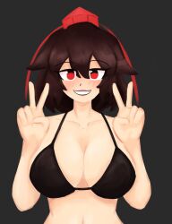 2d 2d_(artwork) belly belly_button bra breasts brown_hair hat lad_der large_breasts lipstick peace_sign rachelultrakill red_eyes shameimaru_aya solo solo_female solo_focus tagme tengu touhou underwear underwear_only