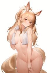 ai_generated animal_ears arknights blemishine_(arknights) blonde_hair closed_mouth female horse_ears horse_girl horse_tail looking_at_viewer muchdoge orange_eyes simple_background solo tail towel towel_around_neck white_background