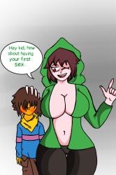 1boy 1girls 2d big_breasts blush brown_hair chara charisk color dialogue edit english english_dialogue english_text female female_human frisk human human_female human_male male_human red_eyes storyshift storyshift_chara storyshift_frisk tagme text undertale undertale_(series) undertale_au