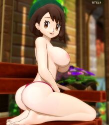 3d areolae ass barefoot big_breasts breasts brown_hair gloria_(pokemon) htr18 looking_at_viewer looking_back nipples on_knees orange_eyes pokemon pokemon_ss short_hair sideboob thong topless twisted_torso