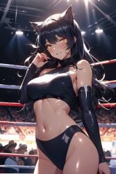 1girls ai_generated black_hair blake_belladonna catgirl codestormcynet gold_eyes rwby wrestling_outfit