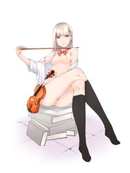 crossed_legs female highres instrument legs legs_crossed long_legs naked_shirt nipples no_bra no_panties nude ooji open_clothes open_shirt original pointy_chin pussy shirt sitting solo straight_hair thighs treble_clef uncensored violin