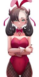 black_hair breasts crossed_arms detached_collar earrings fake_animal_ears female fishnet_legwear green_eyes leotard marnie_(pokemon) medium_breasts nintendo painted_fingernails pink_leotard pokemon pokemon_ss ribbon_in_hair setta_shu short_twintails twintails wrist_cuffs