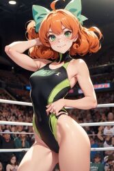 1girls ai_generated android codestormcynet ginger_hair green_eyes penny_polendina rwby wrestling_outfit