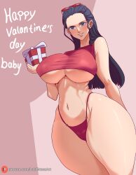 1girls bare_arms bare_legs bare_shoulders bare_thighs big_breasts black_hair blue_eyes blush clothed clothing color english_text female female_focus female_only hi_res large_breasts light-skinned_female light_skin lokidrawsart long_hair looking_at_viewer nico_robin nipples_visible_through_clothing one_piece panties shounen_jump solo solo_female sunglasses tagme text thick_thighs underboob valentine's_day