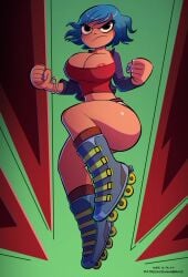 1girls areola_slip black_eyes blue_hair blue_nails clothed emmabrave female nail_polish nipple_bulge ramona_flowers roller_skates scott_pilgrim short_hair solo solo_female