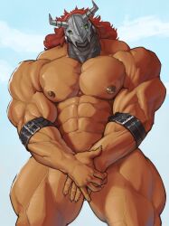 1boy 2024 abs anthro areola armband armor bandai_namco barazoku biceps big_muscles big_pecs claws cloud covering covering_crotch covering_self day deltoids digimon digimon_(species) hair headgear helmet hi_res horn huge_muscles huge_pecs huge_thighs long_hair looking_at_viewer male male_only manly mask muscular muscular_anthro muscular_male navel nipples nude oldshep outside pecs quads sky solo standing thick_thighs triceps wargreymon